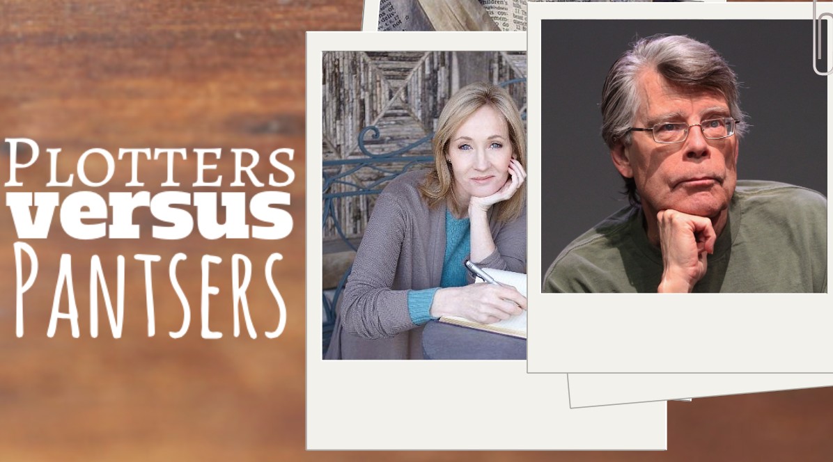 A “Plotters versus Pantsers” graphic with photographs of J.K. Rowling and Stephen King laid out as instant photos on a wooden desk